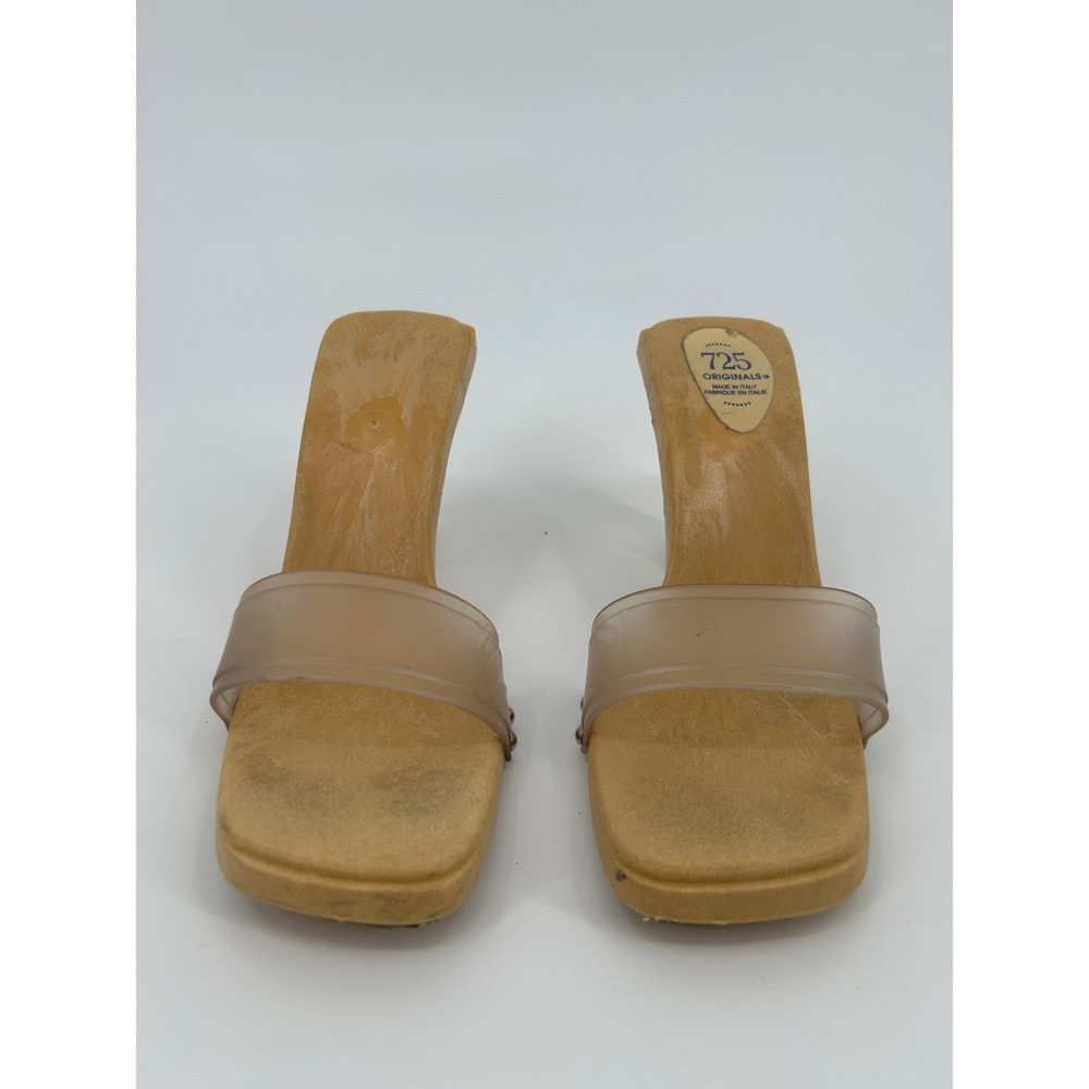 725 Originals Vintage Lucite Heel Wood Slide Sandals Tan Size 8 - Picture 2 of 8